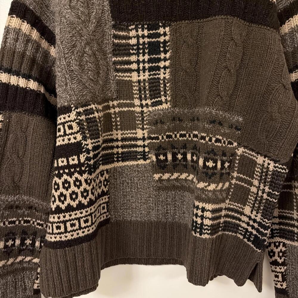 Vintage Faconnable Wool Sweater Mens Large Brown Plaid Tartan Patch Work France - Picture 2 of 8